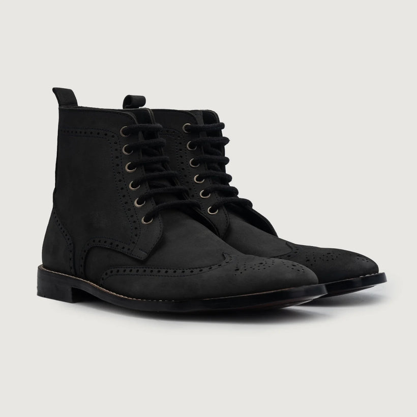 Duster Brogues Derby Negro Nubuck Botas de cuero para Hombre