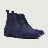 Knight Derby Midnight Blue Suede Leather Boots For Men in Midnight Blue Goatskin Suede - Lateral Side Profile View | Buy Online