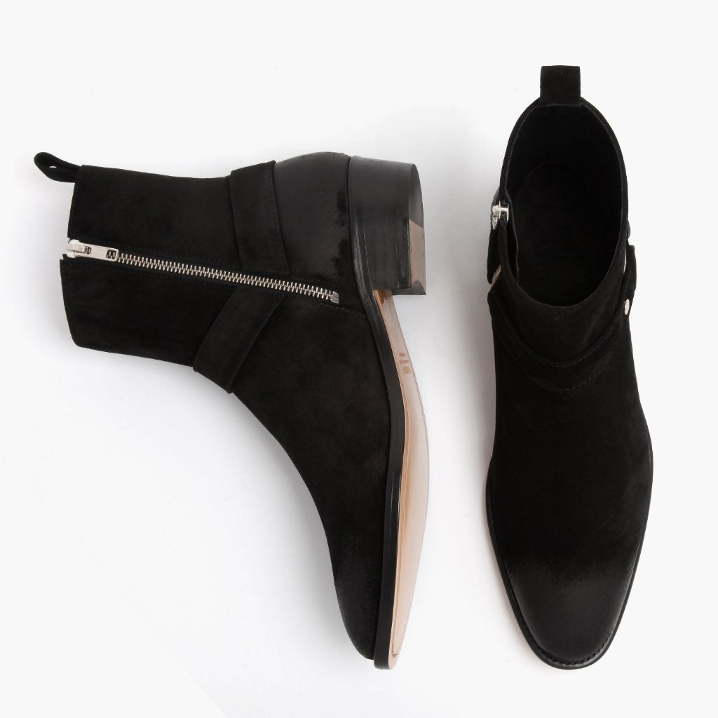 Harness Negro Suede Botas de cuero para Hombre - Contrafuerte de talón reforzado y doble costura de precisión