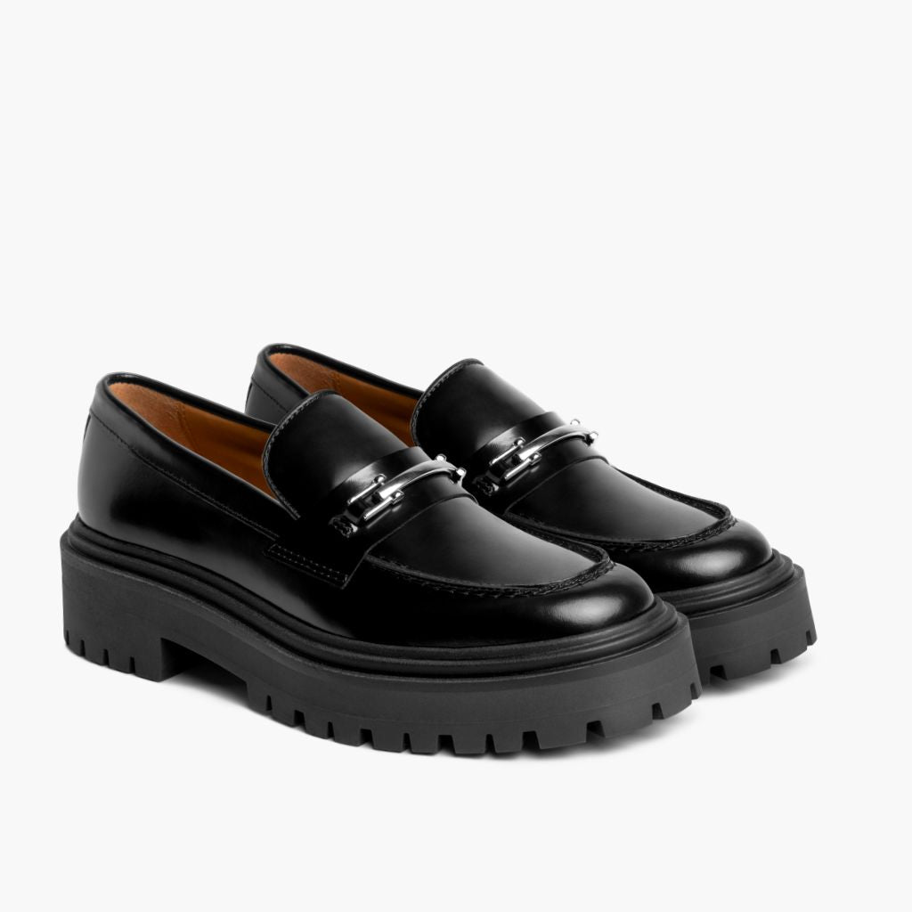 Penny Platform Negro & Silver Mocasines de cuero para Mujer en cuero vacuno negro auténtico - Vista de perfil | Comprar online