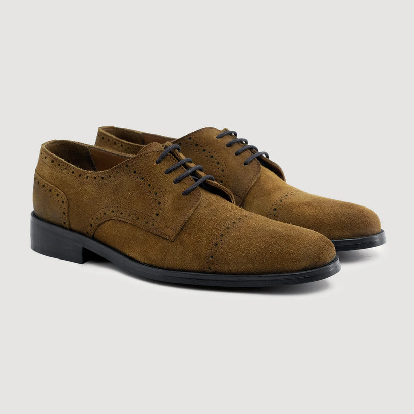 Dirk Brogues Derby Brown Suede Leather Shoes StudGuard For Men in Brown Goatskin Suede - Lateral Side Profile View | Buy Online