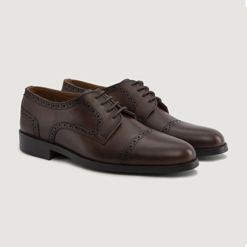 Dirk Brogues Derby Burnished Brown Leather Shoes For Men in Burnished Brown Full-Grain Leather - Lateral Side Profile View | Buy Online
