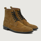 Duster Brogues Derby Brown Suede Leather Boots - StudGuard in Brown Goatskin Suede - Front Profile View & Tailored Silhouette | Buy Online
