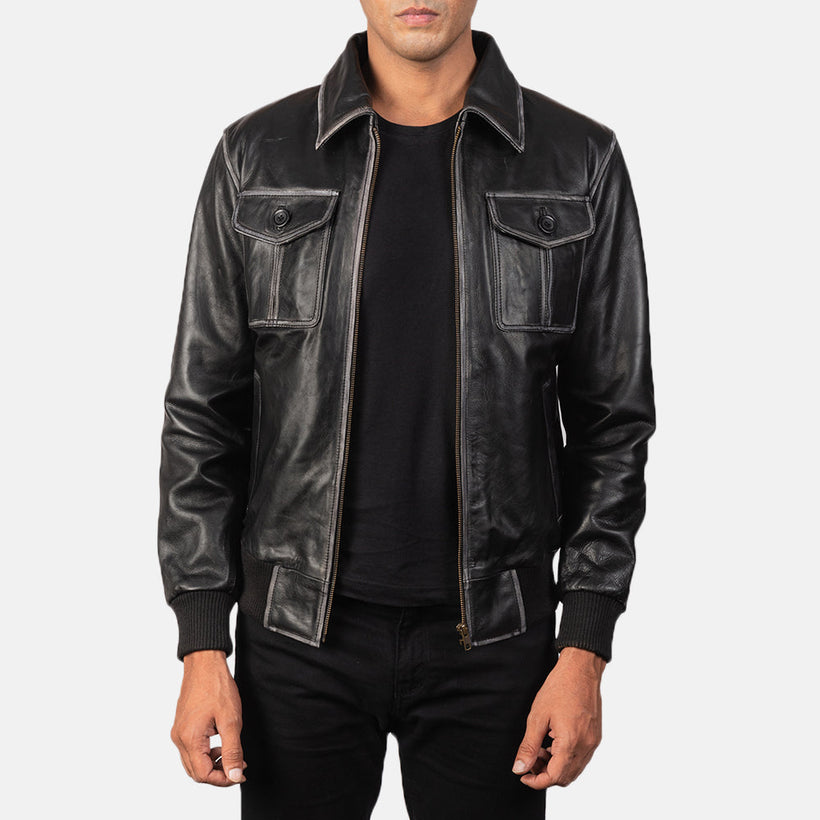 Aaron Negro Cazadora Bomber de Cuero para Hombre
