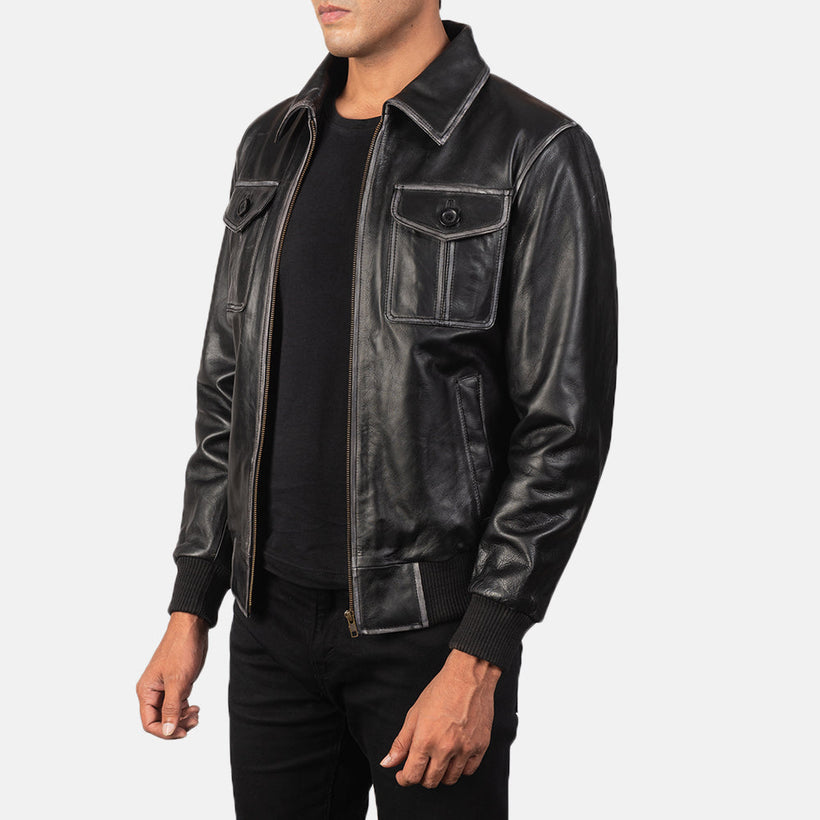 Aaron Negro Cazadora Bomber de Cuero para Hombre