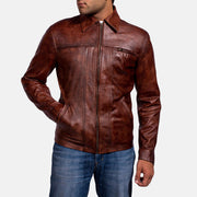 Distressed Brown Sheep Skin Burnishing Biker Jacket - Vista trasera con ajuste entallado en hombros y bajo impecable