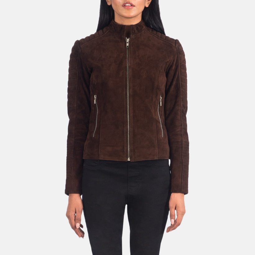 Adalyn Acolchado Mocha Suede Chaqueta Biker de Cuero para Mujer