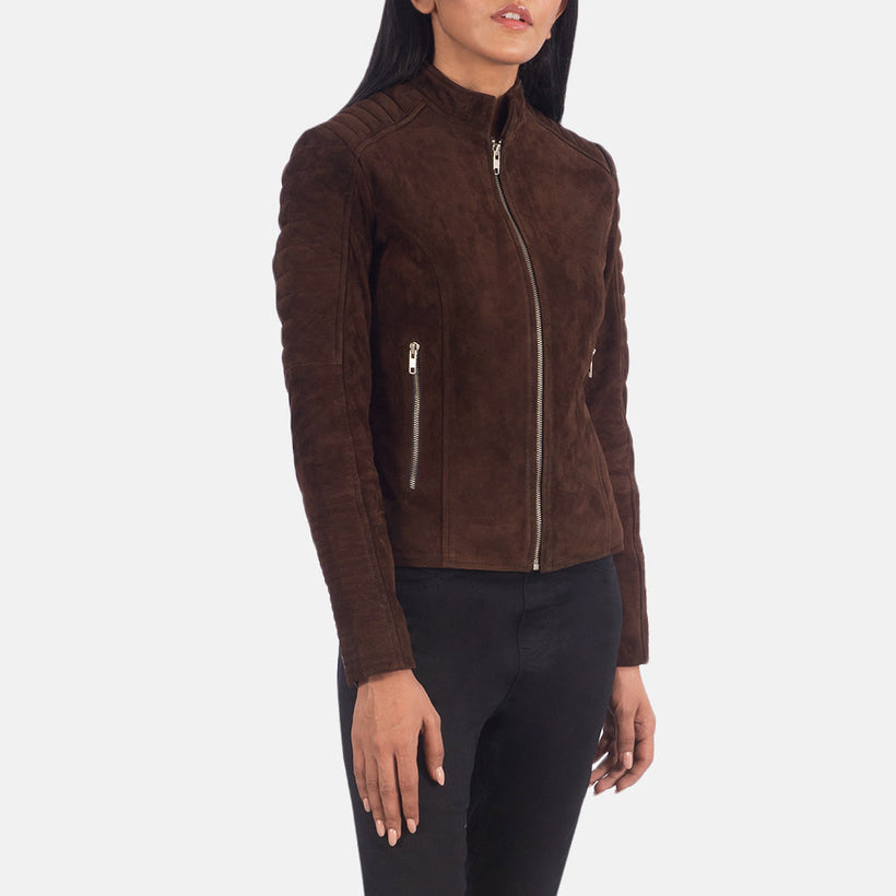 Adalyn Acolchado Mocha Suede Chaqueta Biker de Cuero para Mujer