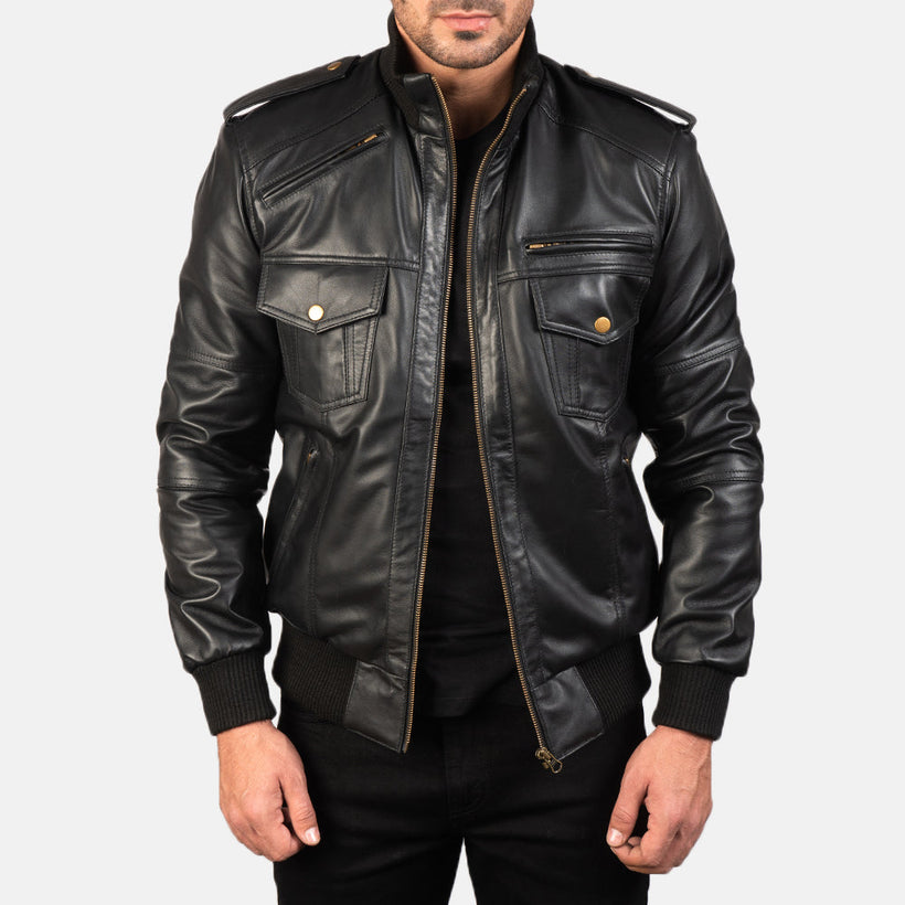 Agent Shadow Negro Cazadora Bomber de Cuero para Hombre