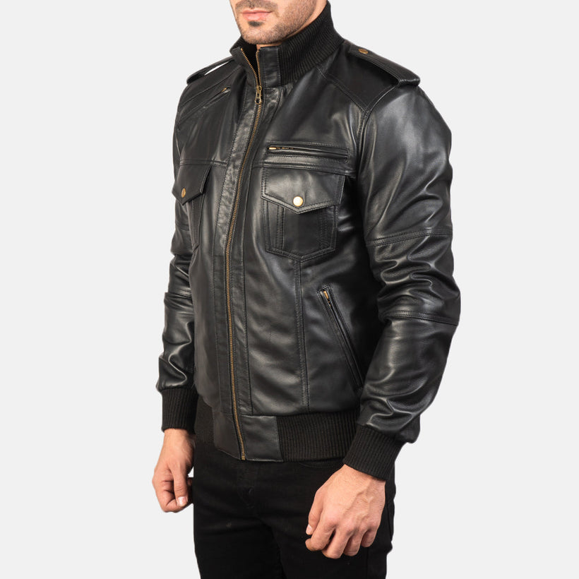 Agent Shadow Negro Cazadora Bomber de Cuero para Hombre