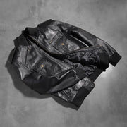 Rib knit &amp; Hem Craftsmanship Construction Detail on Men's Agent Shadow Negro Cazadora Bomber de Cuero para Hombre