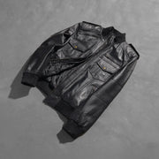 Styled Fit Perspective of Men's Agent Shadow Negro Cazadora Bomber de Cuero para Hombre on Model - Natural Daylight Drape