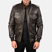 Men's Agent Shadow Marrón Cazadora Bomber de Cuero para Hombre in Brown Sheepskin Leather - Vista frontal y silueta a medida | Comprar online