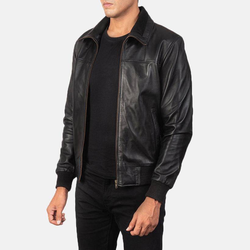 Air Rolf Negro Cazadora Bomber de Cuero para Hombre
