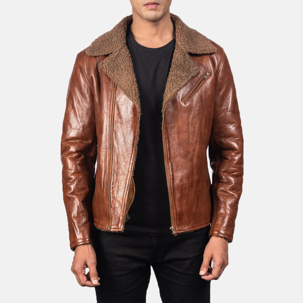 Men's Alberto Shearling Marrón Chaqueta de Cuero para Hombre in Brown Sheepskin Leather - Vista frontal y silueta a medida | Comprar online