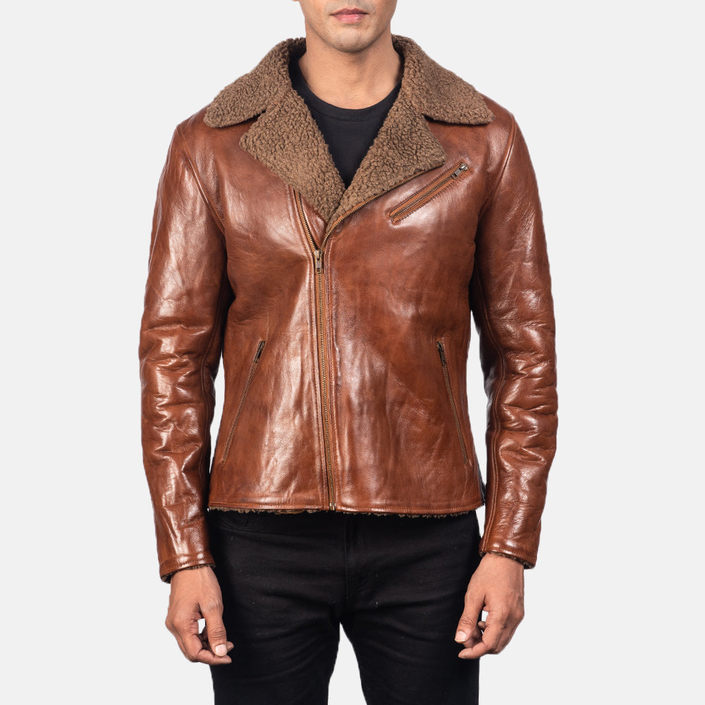 Men's Alberto Shearling Marrón Chaqueta de Cuero para Hombre - Vista de perfil lateral con corte ergonómico de manga