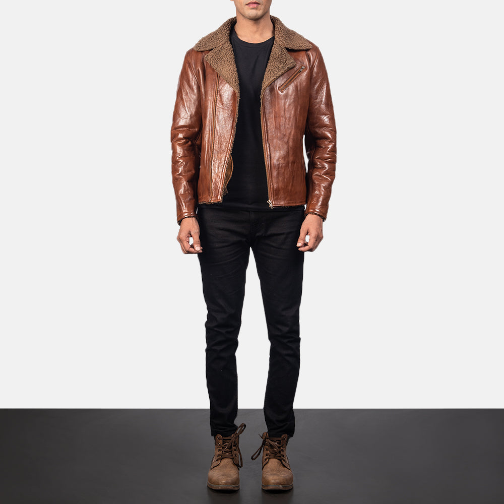 Detalle de cerca of Notch &amp; Zipper Hardware on Men's Alberto Shearling Marrón Chaqueta de Cuero para Hombre