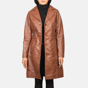Women's Alexis Marrón Single Breasted Abrigo de Cuero para Mujer in Brown Cowhide Leather - Vista frontal y silueta a medida | Comprar online