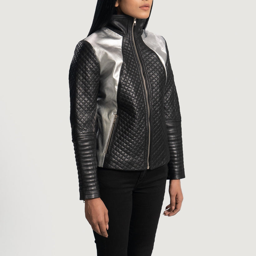 Alia Metallic Negro Chaqueta Biker de Cuero para Mujer