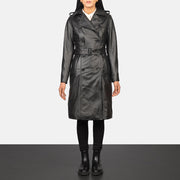 Women's Alice Black Double Breasted Leather Coat in Black Cowhide Leather - Vista frontal y silueta a medida | Comprar online