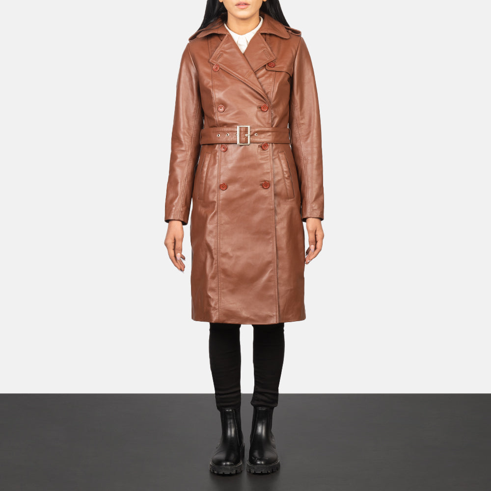 Women's Alice Marrón Double Breasted Abrigo de Cuero para Mujer in Black Cowhide Leather - Vista frontal y silueta a medida | Comprar online