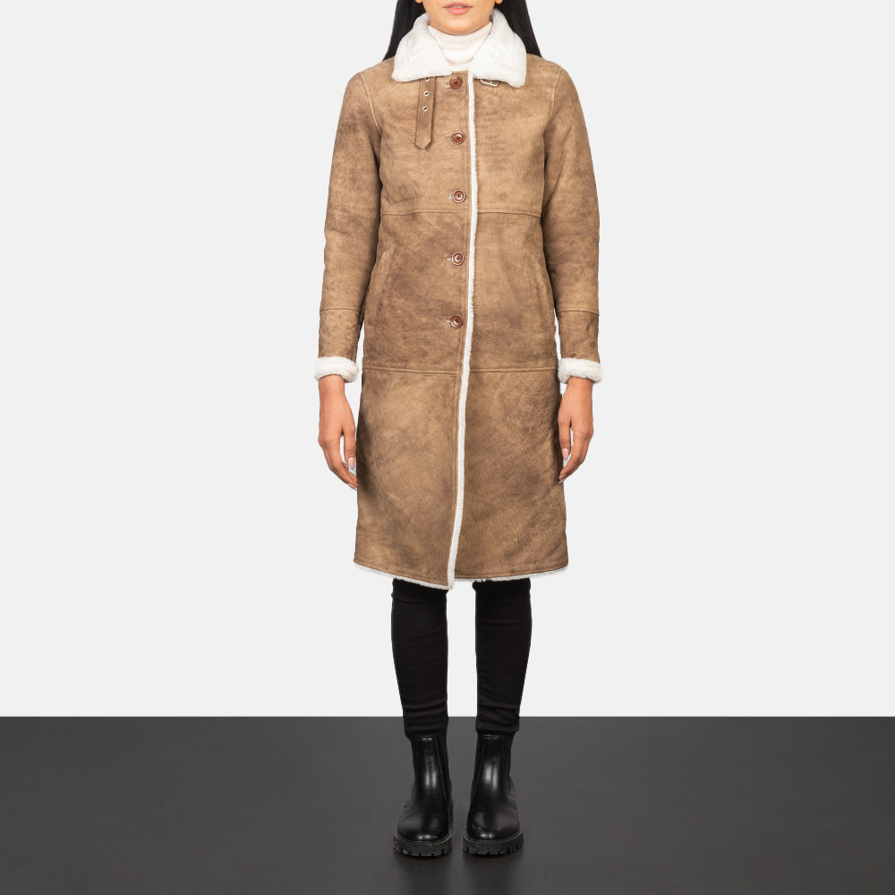 Women's Alina Shearling Marrón Abrigo de Cuero para Mujer - Vista de perfil lateral con corte ergonómico de manga