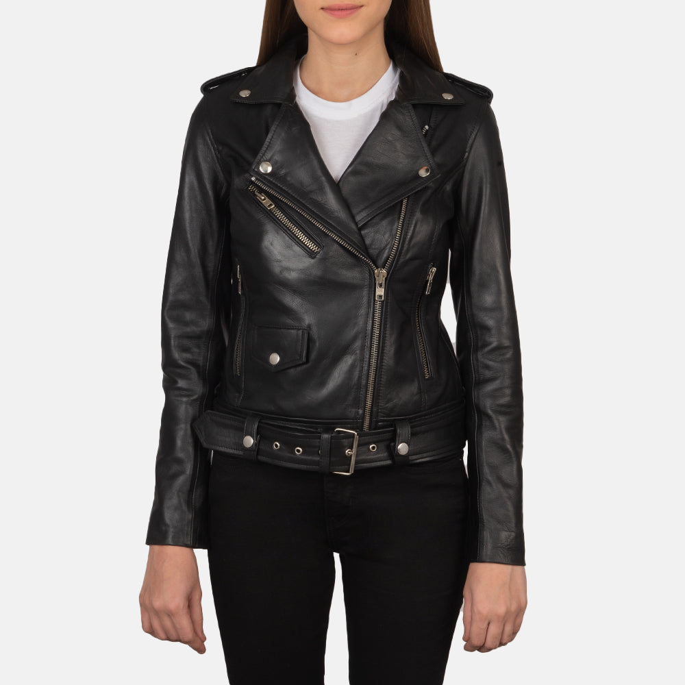 Women's Alison Negro Chaqueta Biker de Cuero para Mujer in Black Cowhide Leather - Vista frontal y silueta a medida | Comprar online