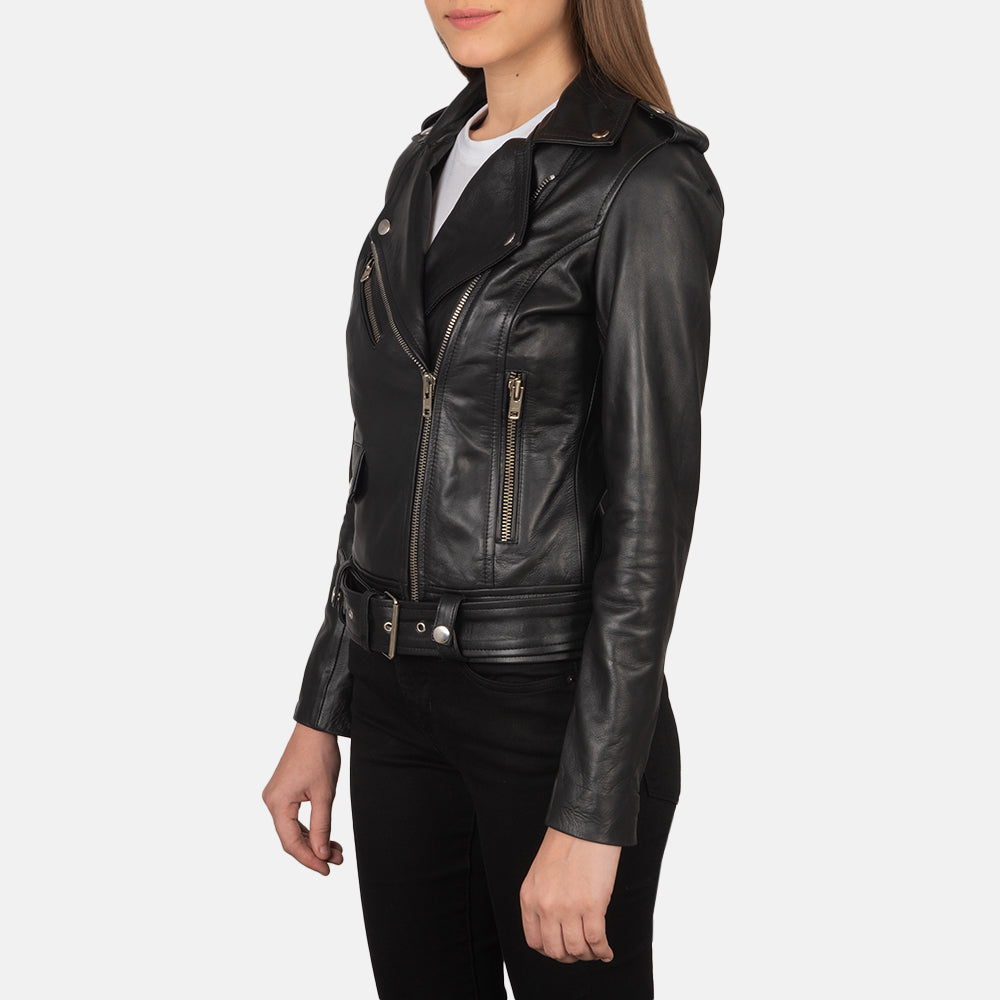 Detalle de cerca of Notch &amp; Zipper Hardware on Women's Alison Negro Chaqueta Biker de Cuero para Mujer