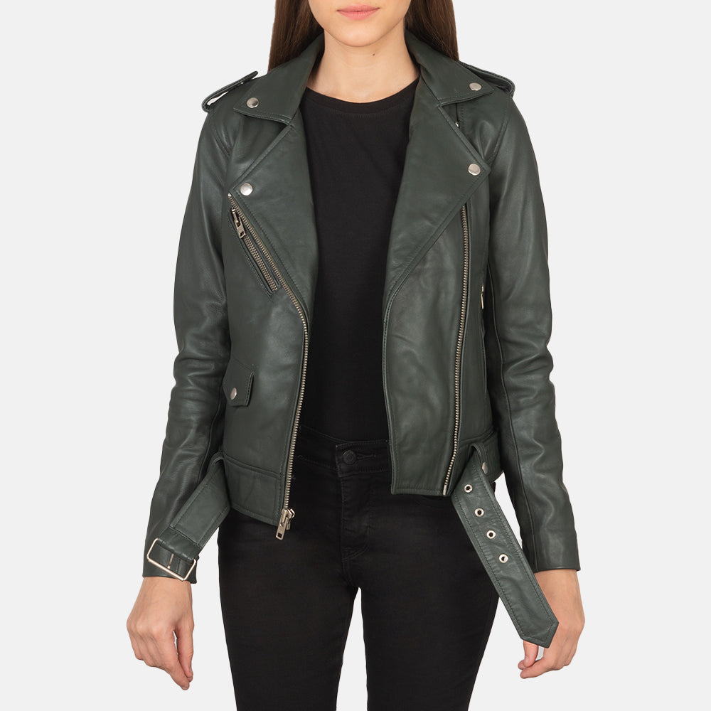 Women's Alison Verde Chaqueta Biker de Cuero para Mujer in Green Sheepskin Leather - Vista frontal y silueta a medida | Comprar online
