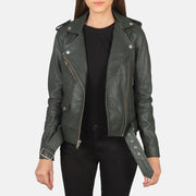 Women's Alison Verde Chaqueta Biker de Cuero para Mujer in Green Sheepskin Leather - Vista frontal y silueta a medida | Comprar online