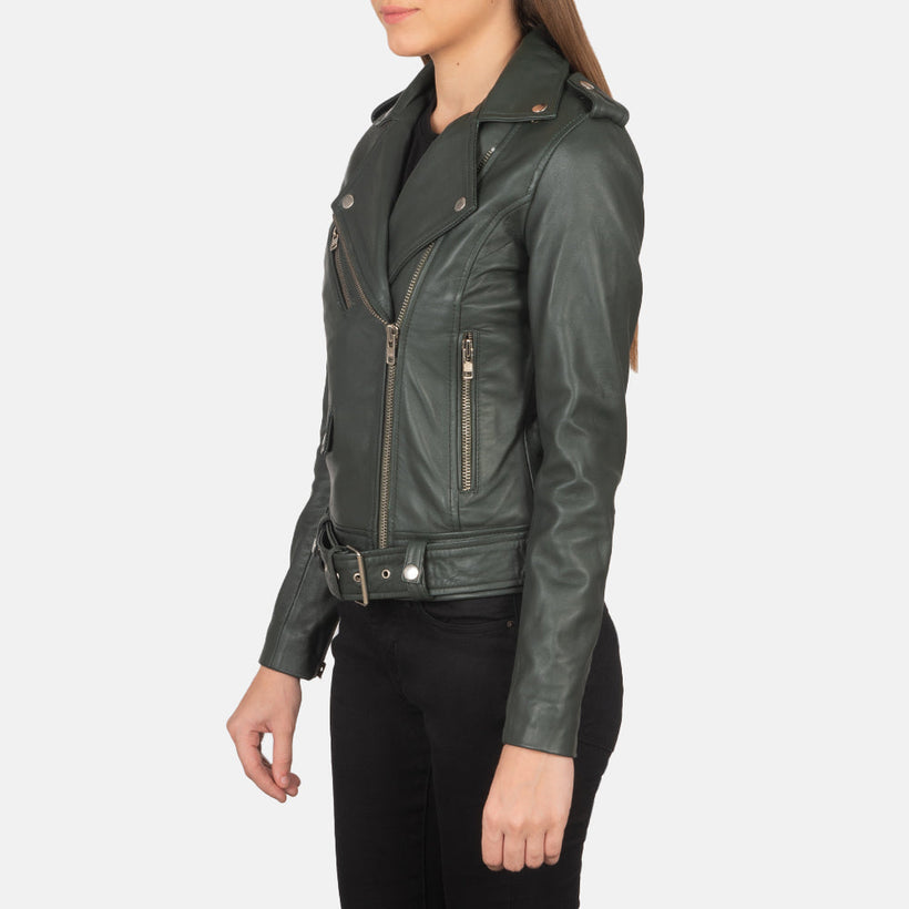 Alison Verde Chaqueta Biker de Cuero para Mujer