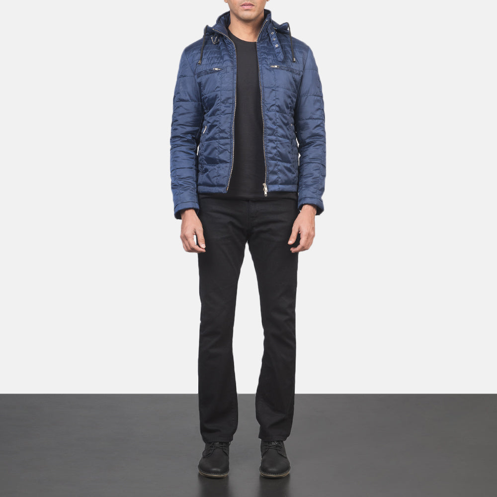 Detalle de cerca of High neck with Belt &amp; Zipper Hardware on Men's Alps Quilted Blue Windbreaker Jacket