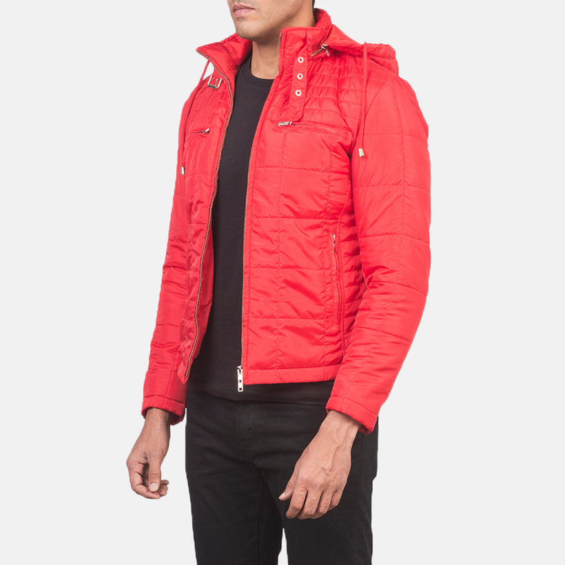 Alps Acolchado Rojo Hooded Windbreaker Chaqueta de Cuero para Hombre