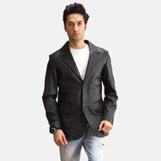 Alyson Negro Blazer de Cuero de Cuero para Hombre in Black Sheepskin Leather - Vista frontal y silueta a medida | Comprar online