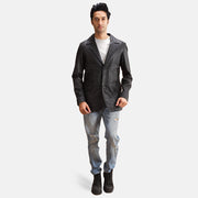 Alyson Negro Blazer de Cuero de Cuero para Hombre - Vista de perfil lateral con corte ergonómico de manga