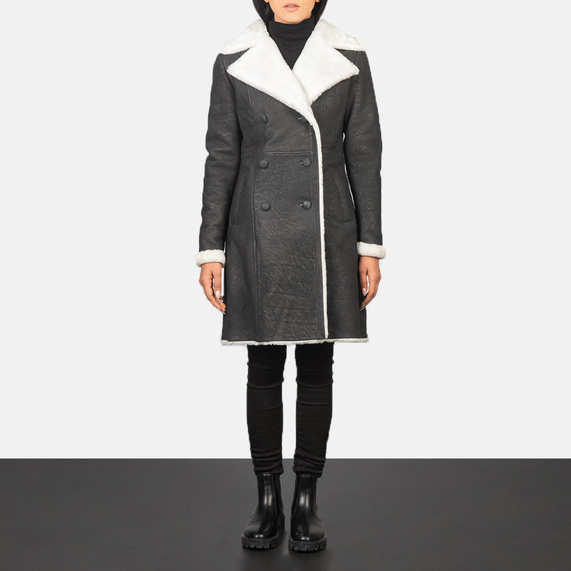 Women's Amie Black Double Breasted Shearling Coat in Black Sheepskin Snuffed - Front Profile View & Tailored Silhouette | Buy Online