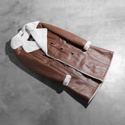 Open Hem &amp; Hem Craftsmanship Construction Detail on Women's Amie Brown Double Breasted Shearling Coat