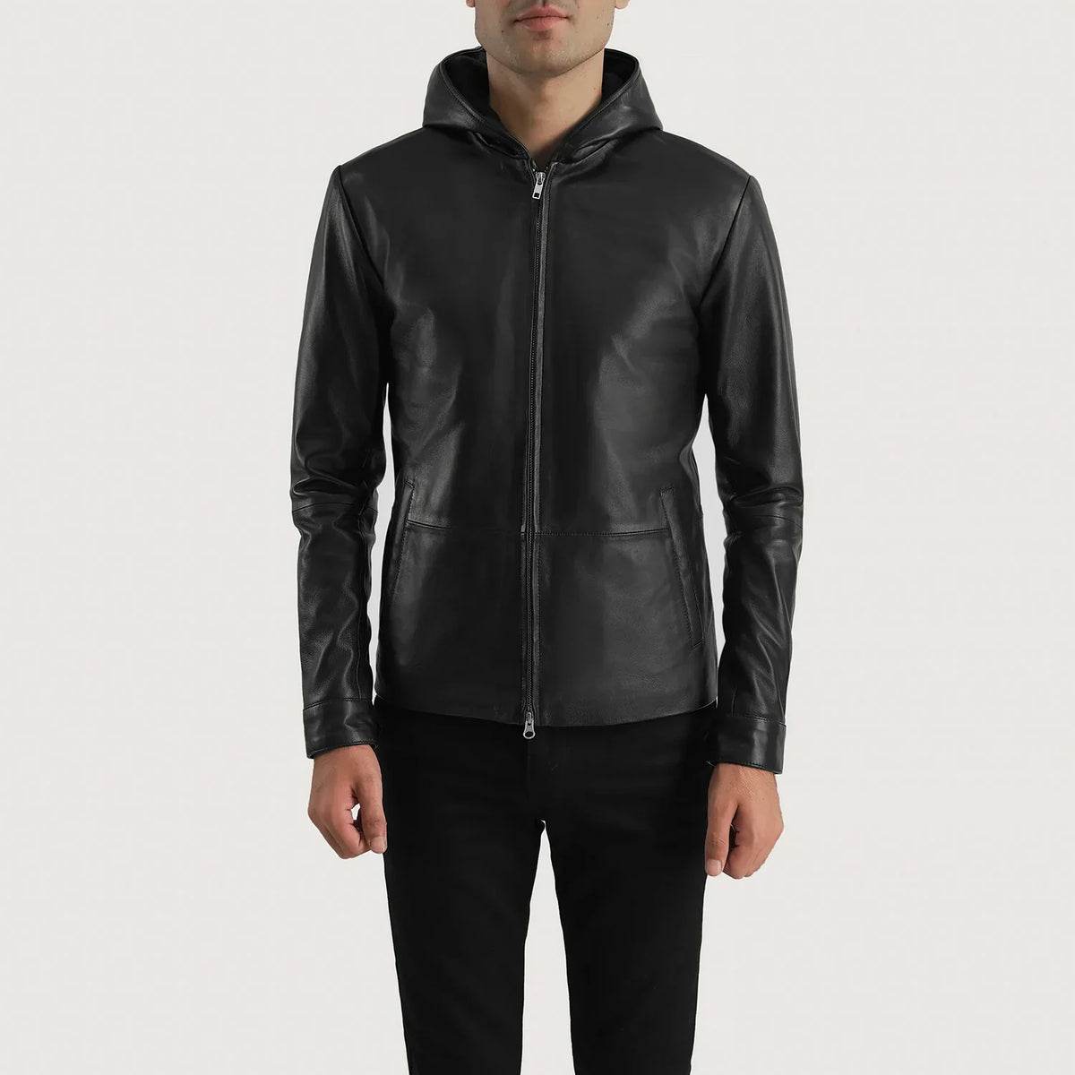 Men's Andy Matte Negro Hooded Chaqueta de Cuero para Hombre in Matte Black Sheepskin Leather - Vista frontal y silueta a medida | Comprar online