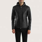 Men's Andy Matte Negro Hooded Chaqueta de Cuero para Hombre in Matte Black Sheepskin Leather - Vista frontal y silueta a medida | Comprar online