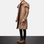 Distressed Brown Sheepskin Snuffed Trench Coat - Vista trasera con ajuste entallado en hombros y bajo impecable