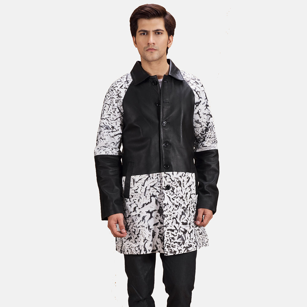 Men's Artistry Negro Dye Abrigo de Cuero para Hombre in Black &amp; White Sheepskin Dip &amp;Amp; Dye - Vista frontal y silueta a medida | Comprar online