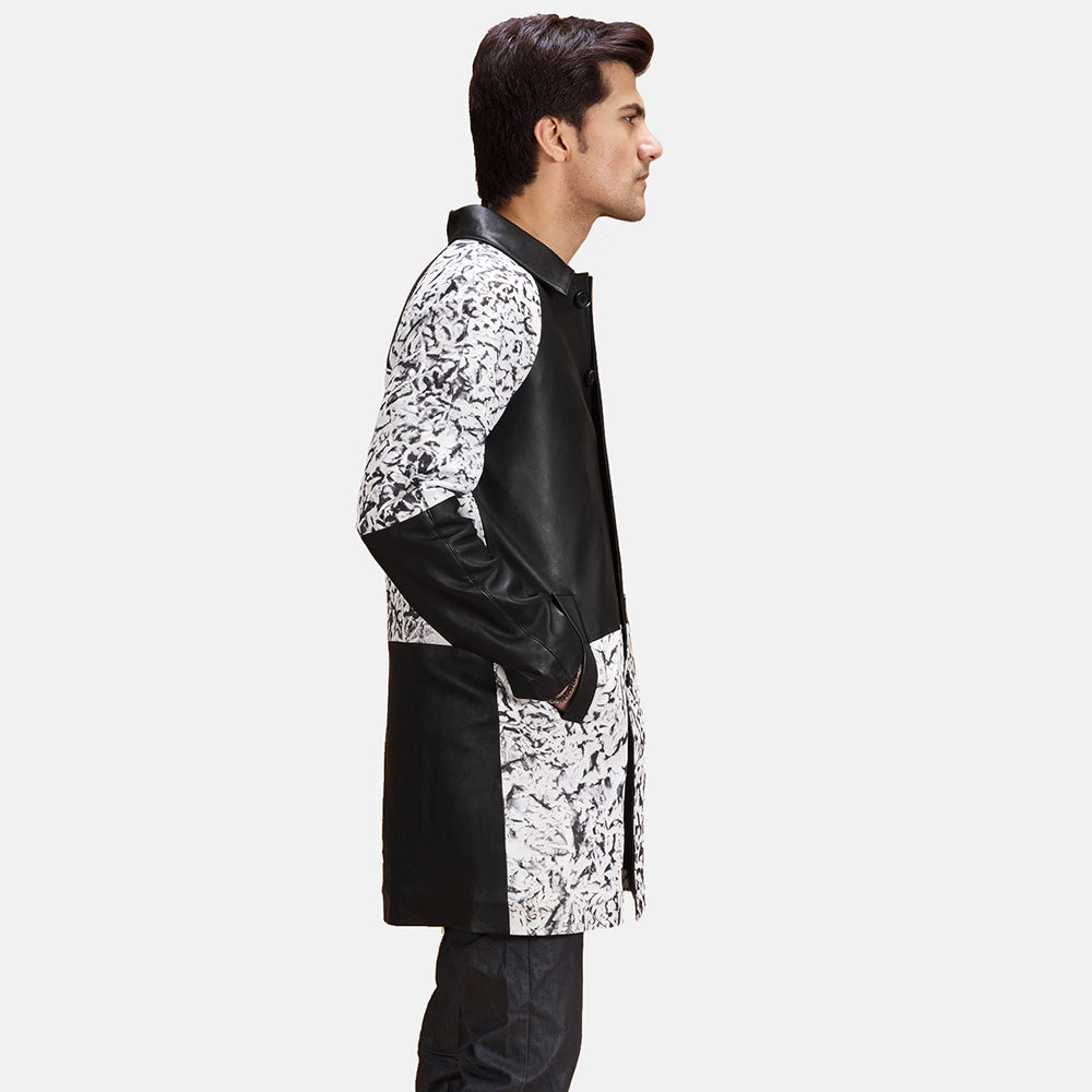 Black &amp; White Sheepskin Dip &amp;Amp; Dye Leather Coat - Vista trasera con ajuste entallado en hombros y bajo impecable