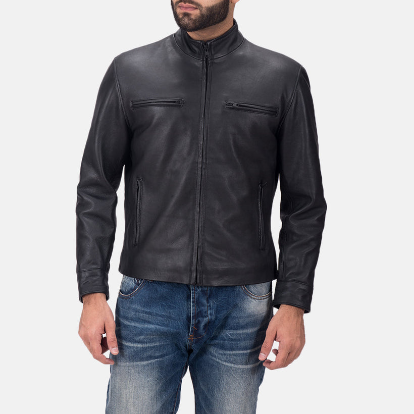 Austere Matte Negro Chaqueta Biker de Cuero para Hombre