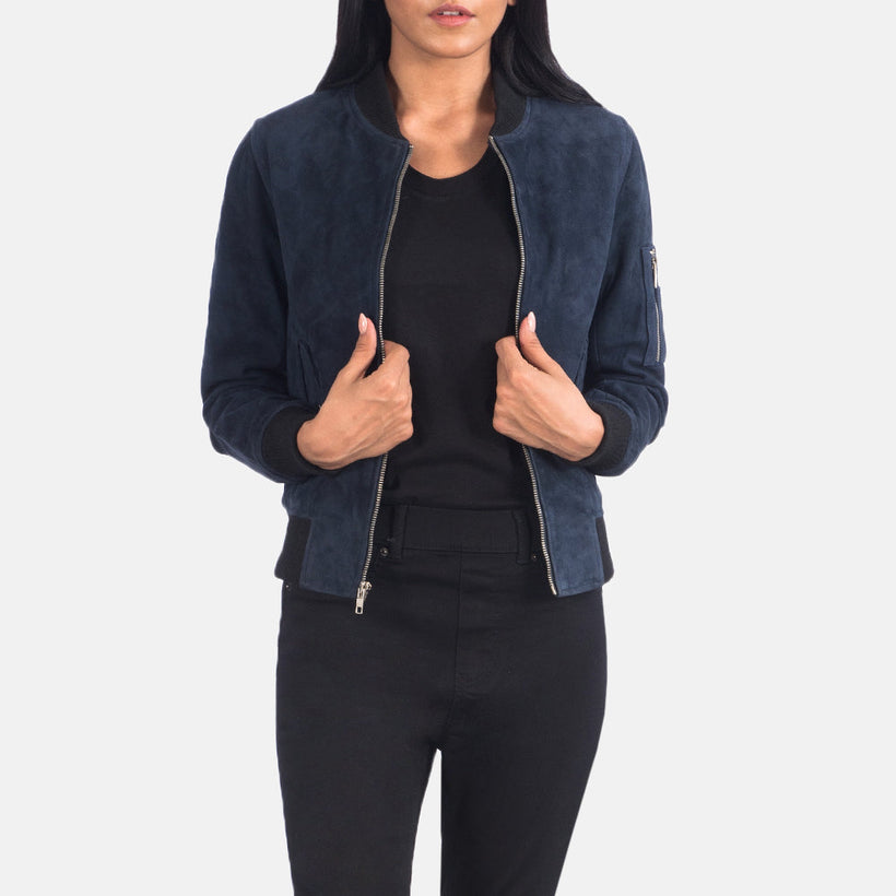 Ava MA-1 Azul Suede Cazadora Bomber de Cuero para Mujer