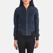 Detalle de cerca of Rib Knit &amp; Zipper Hardware on Women's Ava Ma-1 Blue Suede Bomber Jacket