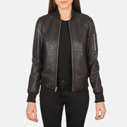 Women's Ava Ma-1 Brown Leather Bomber Jacket in Brown Sheepskin Leather - Vista frontal y silueta a medida | Comprar online