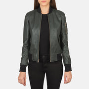 Ava Ma-1 Green Leather Bomber Jacket in Green Sheepskin Leather - Vista frontal y silueta a medida | Comprar online