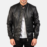 Avan Black Leather Bomber Jacket in Black Cowhide (Torso) &amp;Amp; Goatskin (Sleeves) Leather - Vista frontal y silueta a medida | Comprar online