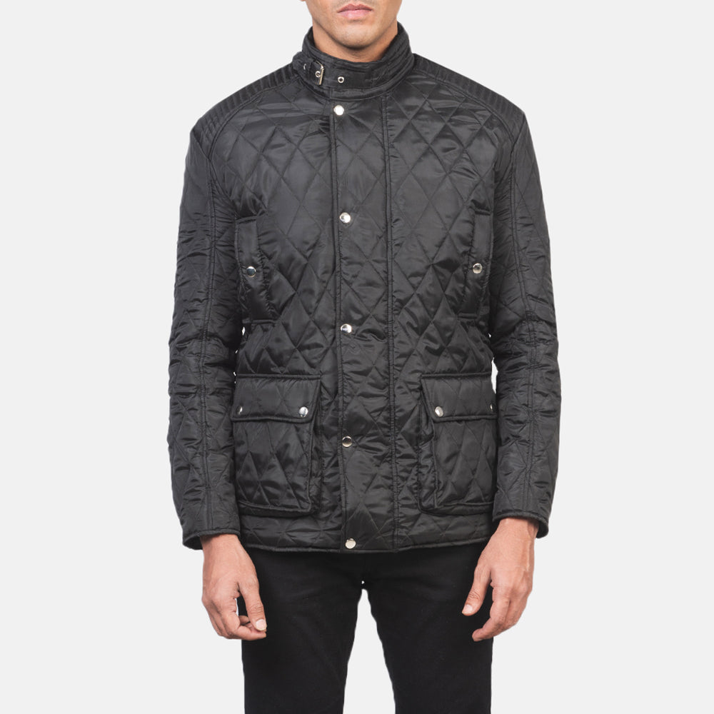 Detalle de cerca of Belted Band &amp; Button Hardware on Men's Barry Acolchado Negro Windbreaker Chaqueta de Cuero para Hombre