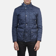 Men's Barry Acolchado Azul Windbreaker Chaqueta de Cuero para Hombre - Vista de perfil lateral con corte ergonómico de manga
